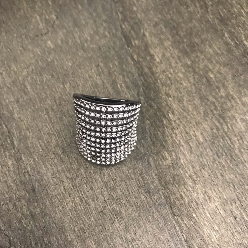 Pavé set crystals on hematite statement ring